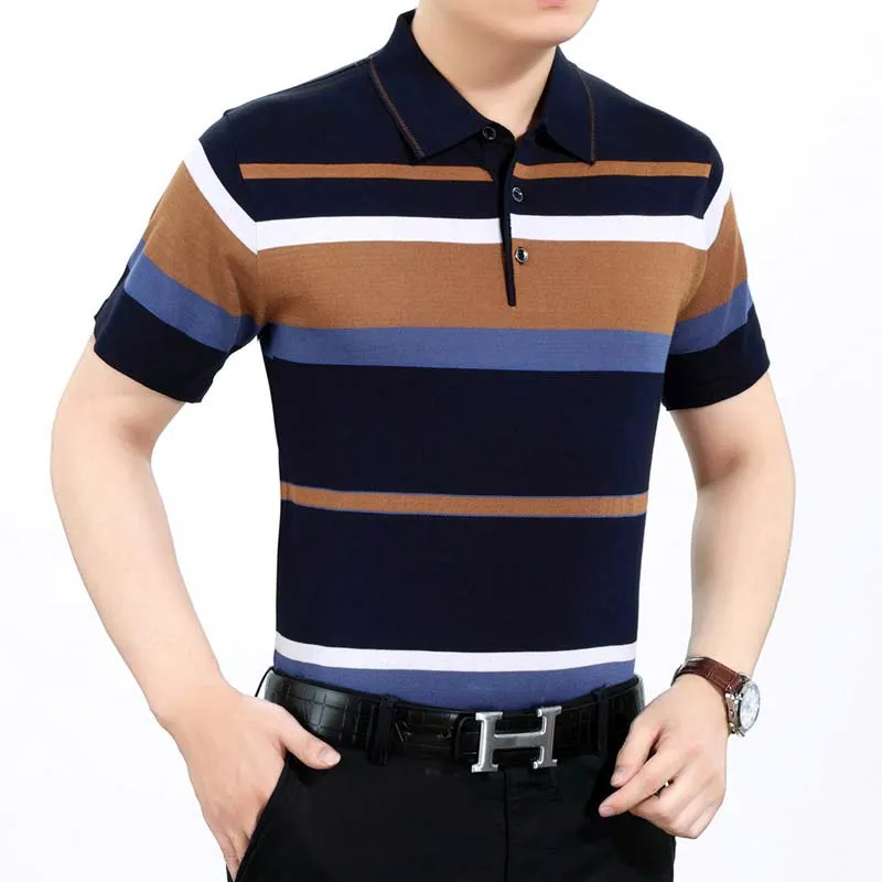 Men's Summer Striped Cotton Breathable Loose Short Sleeves Polo Shirt