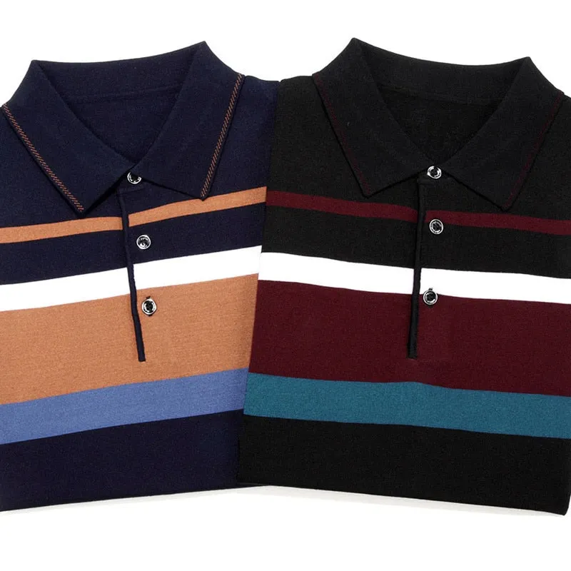 Men's Summer Striped Cotton Breathable Loose Short Sleeves Polo Shirt