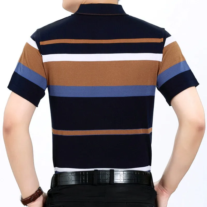 Men's Summer Striped Cotton Breathable Loose Short Sleeves Polo Shirt