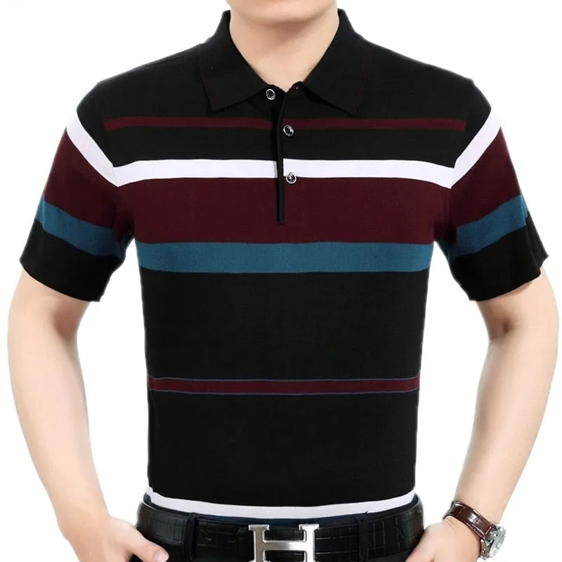 Men's Summer Striped Cotton Breathable Loose Short Sleeves Polo Shirt