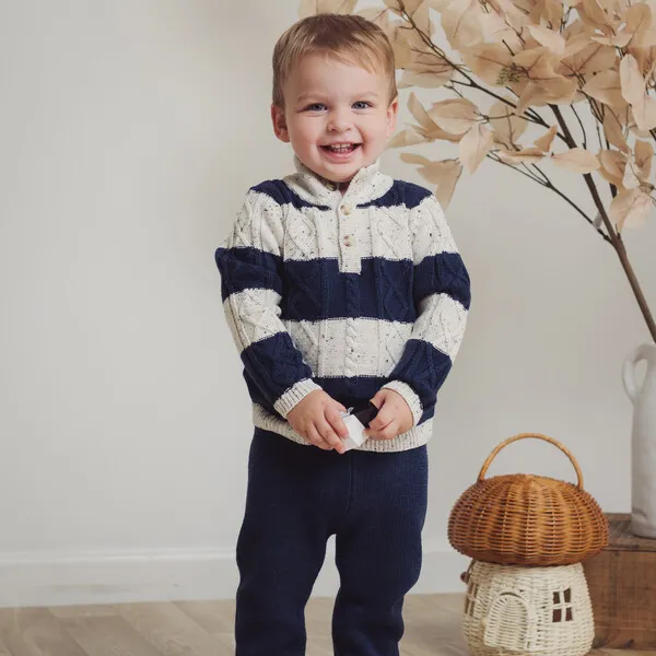 Miniclasix Striped Cable Knit Sweater Top & Pant Set, Navy