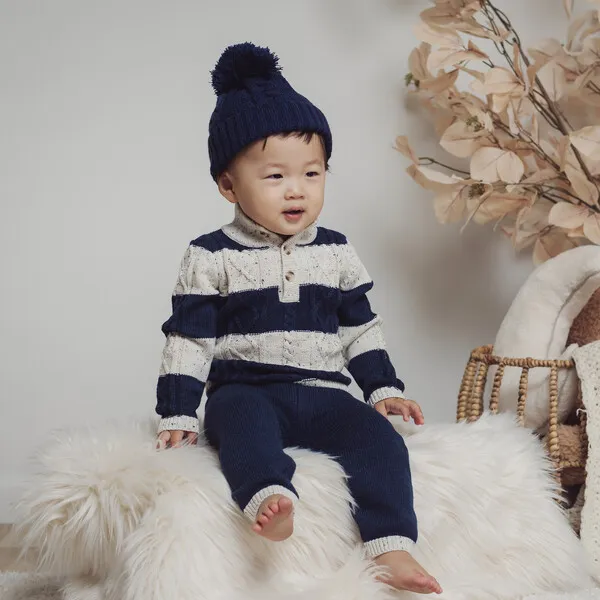 Miniclasix Striped Cable Knit Sweater Top & Pant Set, Navy