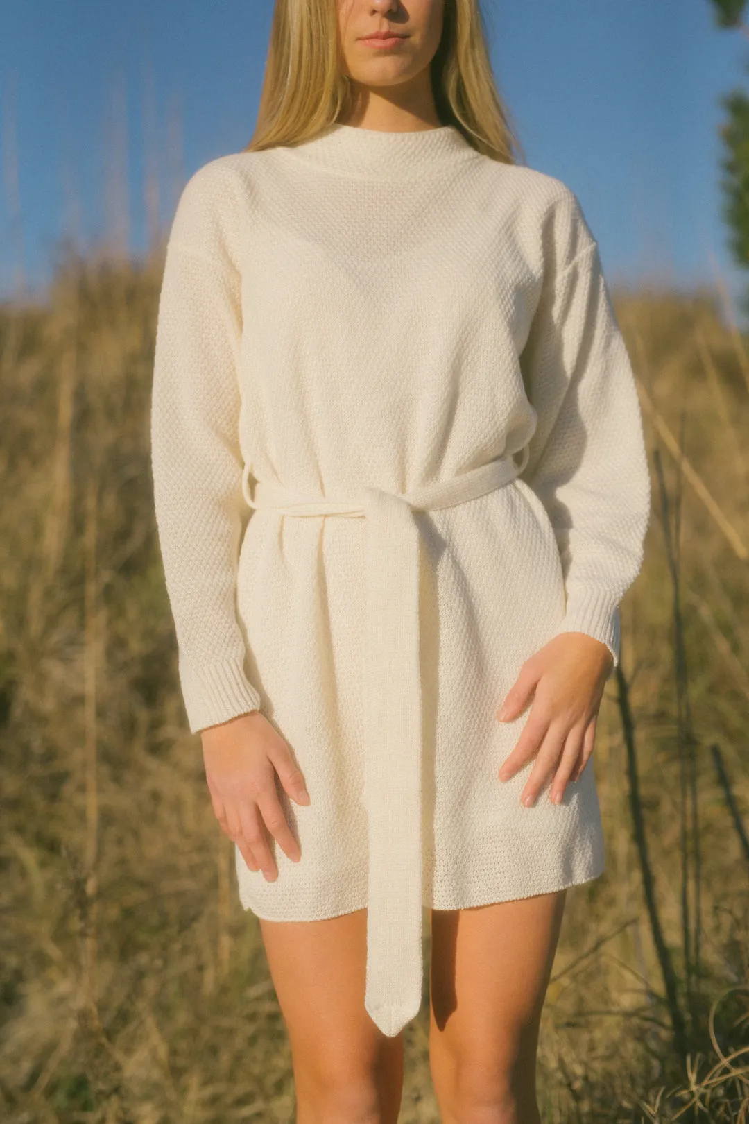 Mock Neck Knit Belted Mini Dress- Bone