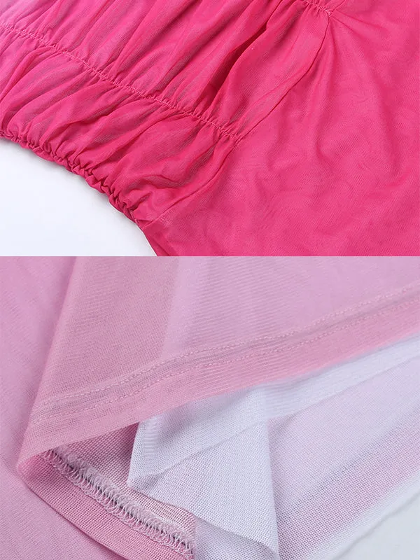 Momnfancy Pink Gradient Color Bandeau Cascading Ruffle Bodycon Elegant Party Gown Baby Shower Maternity Maxi Dress