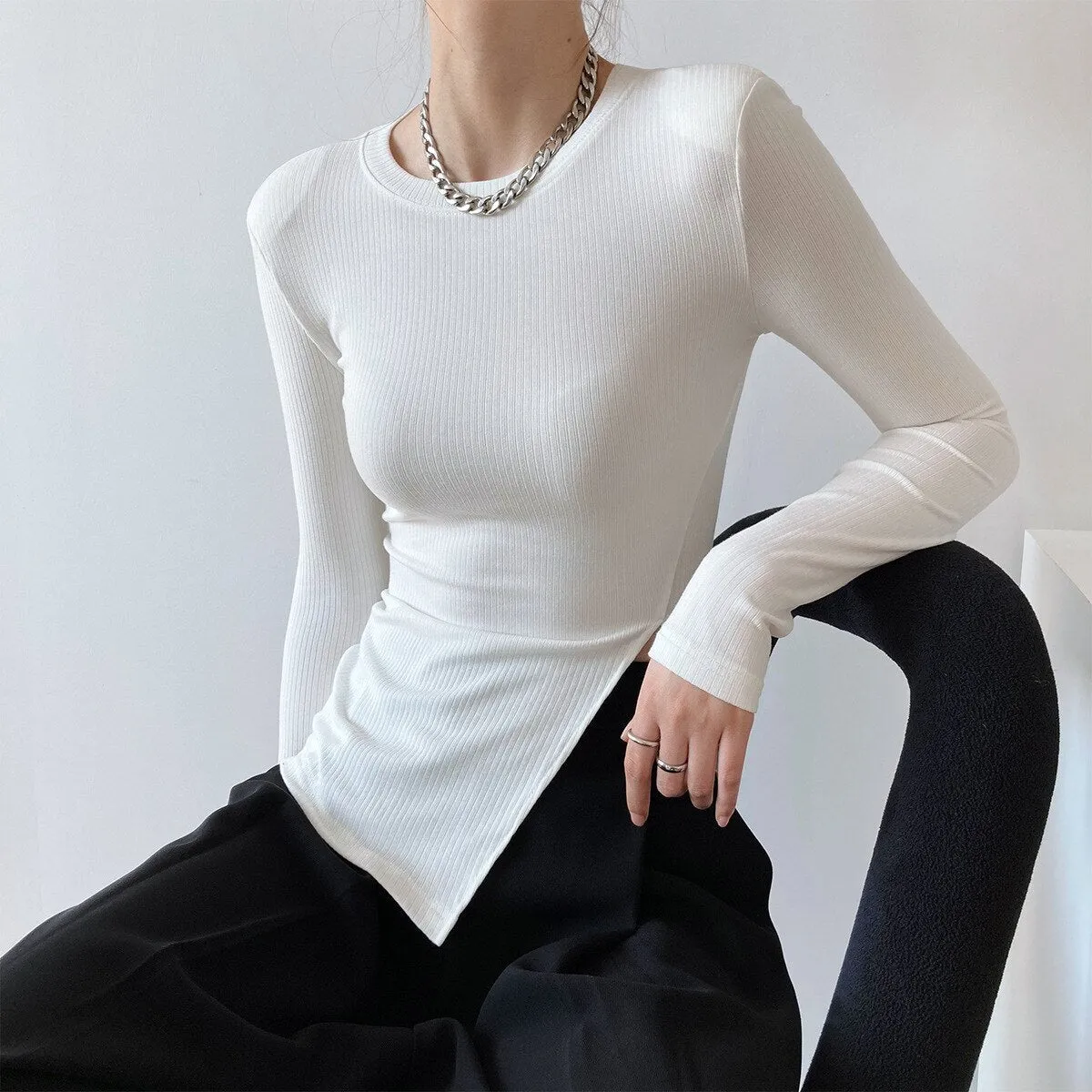 New Spring Sexy Split Hem Women Long Sleeve O-Neck White T Shirts Casual Tops