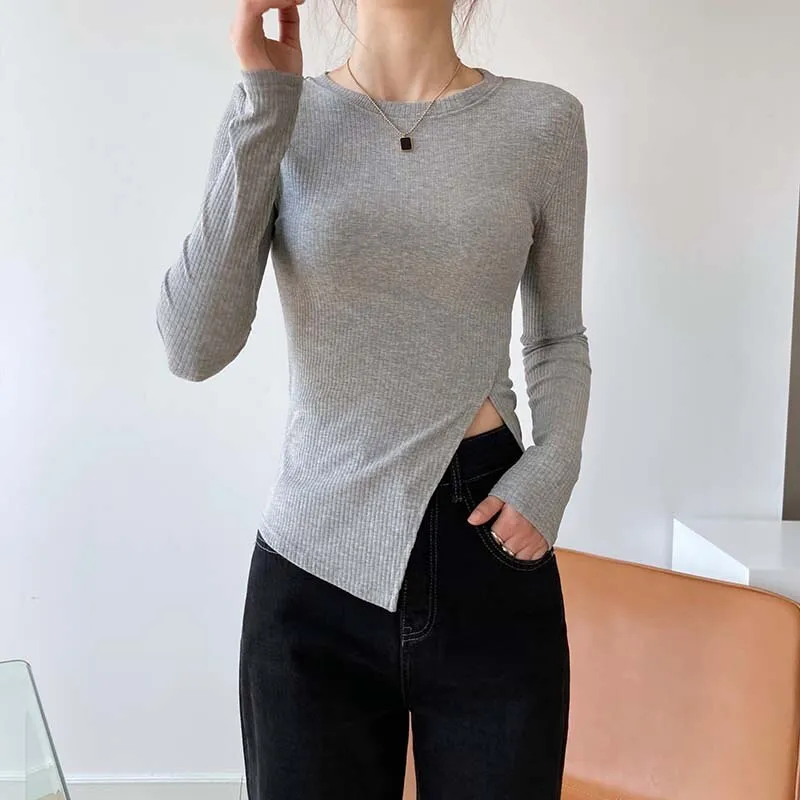 New Spring Sexy Split Hem Women Long Sleeve O-Neck White T Shirts Casual Tops