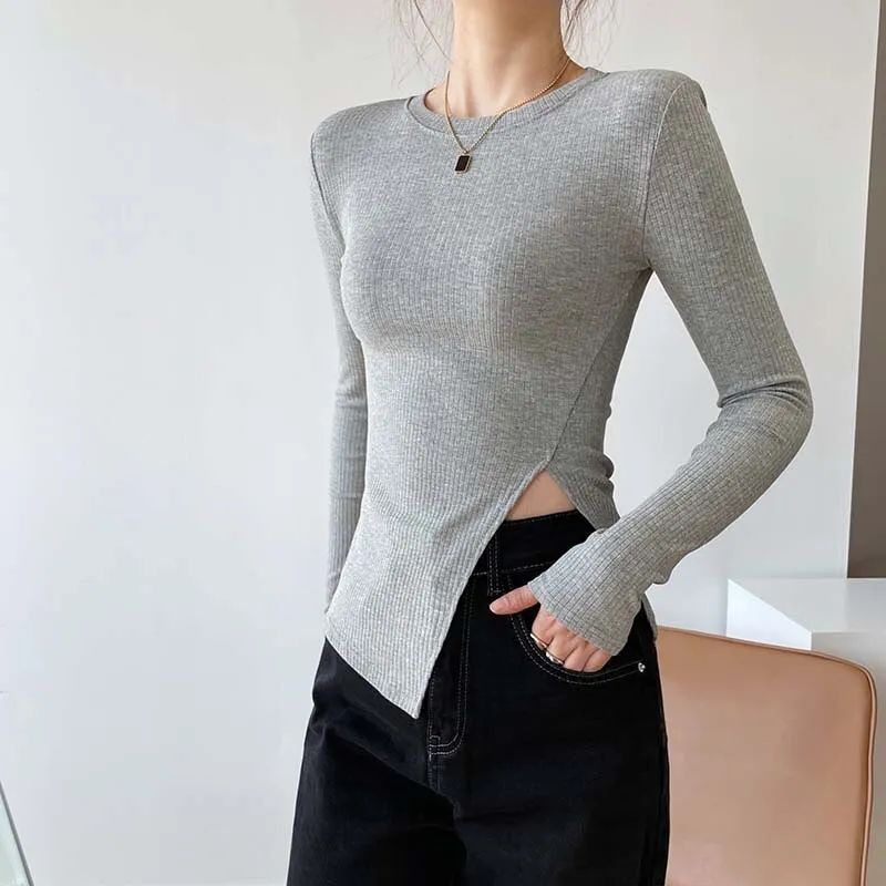 New Spring Sexy Split Hem Women Long Sleeve O-Neck White T Shirts Casual Tops