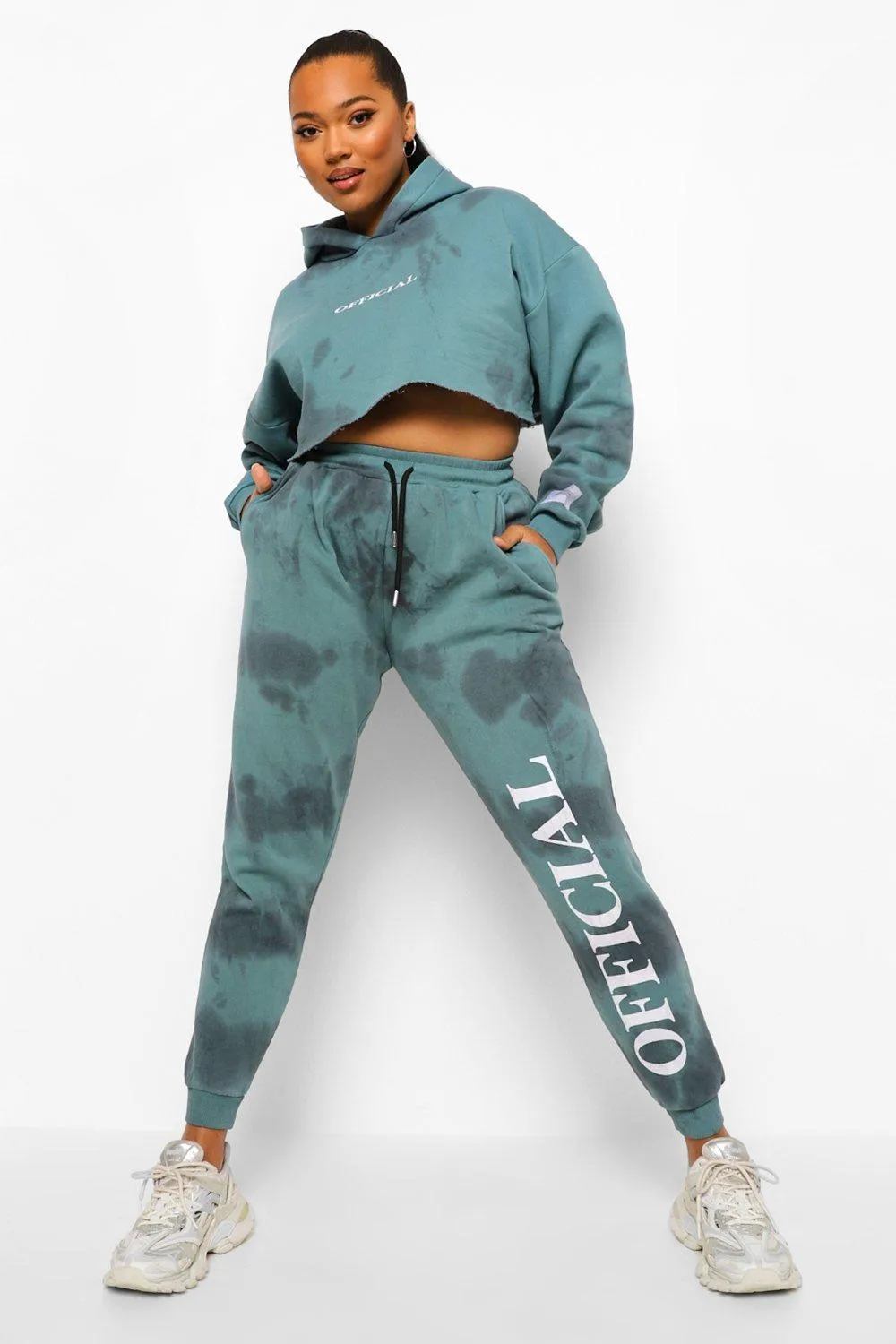 Plus Tie Dye Ofcl Hood Print Crop Tracksuit