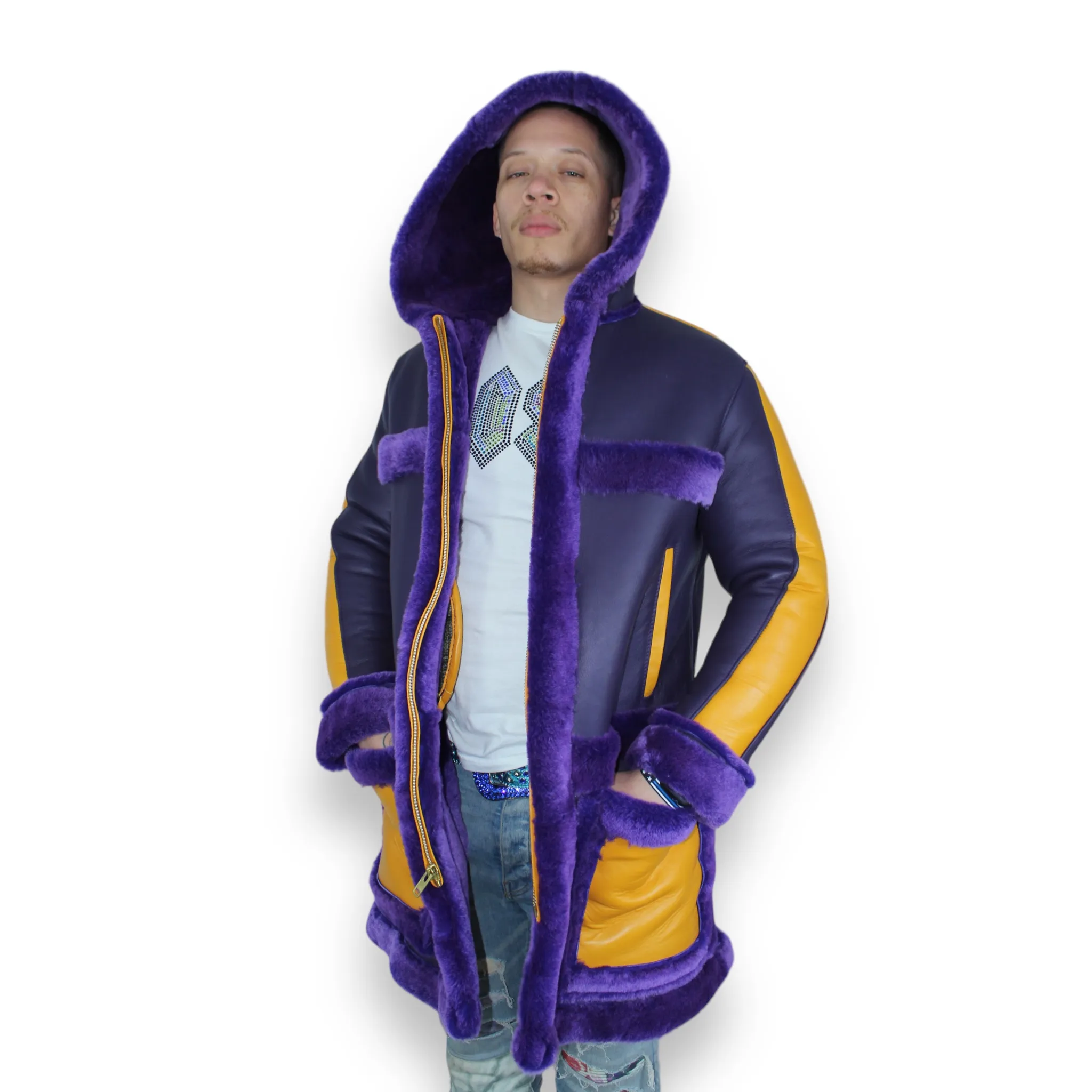 Purple and Yellow Shearling with Hood - Daniel's Leather