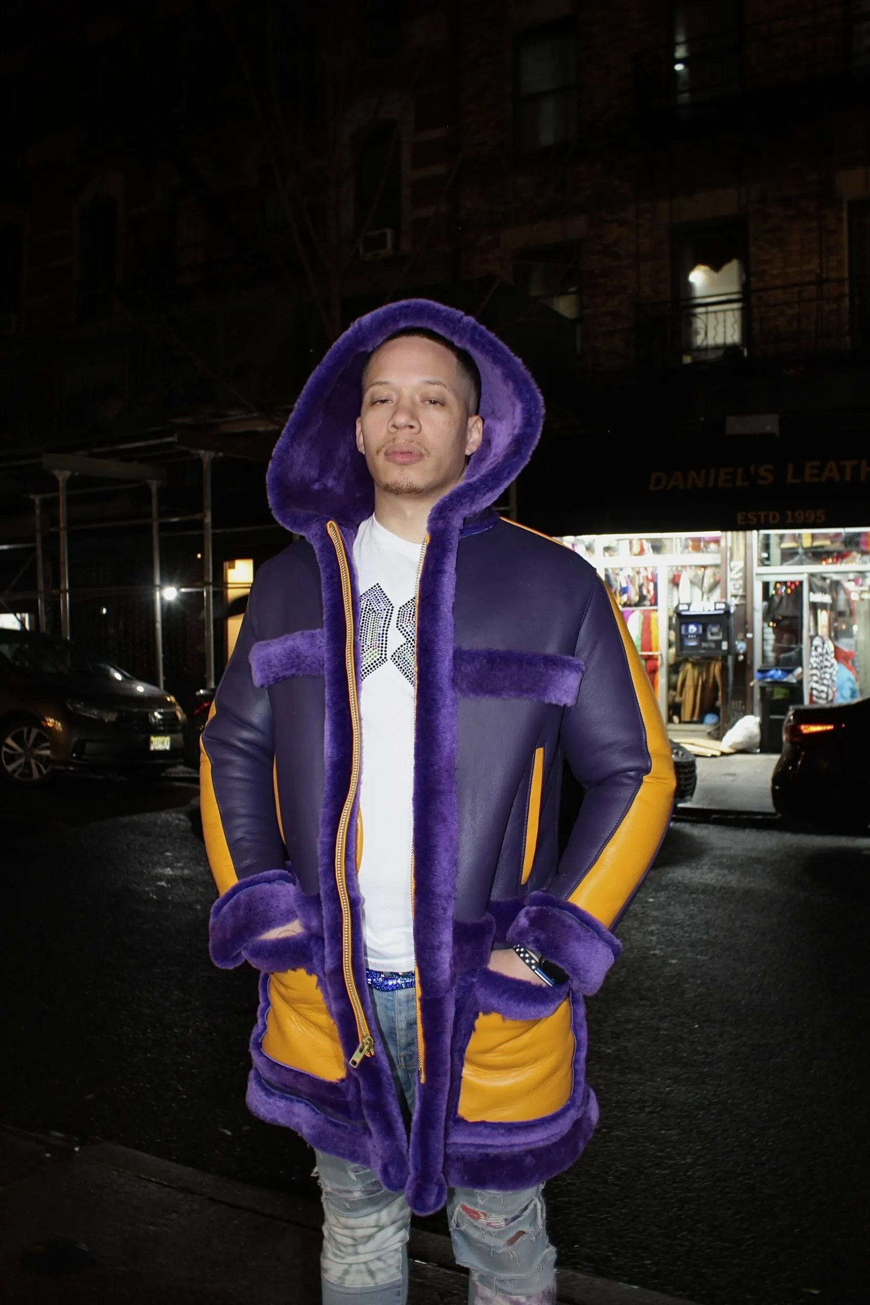 Purple and Yellow Shearling with Hood - Daniel's Leather