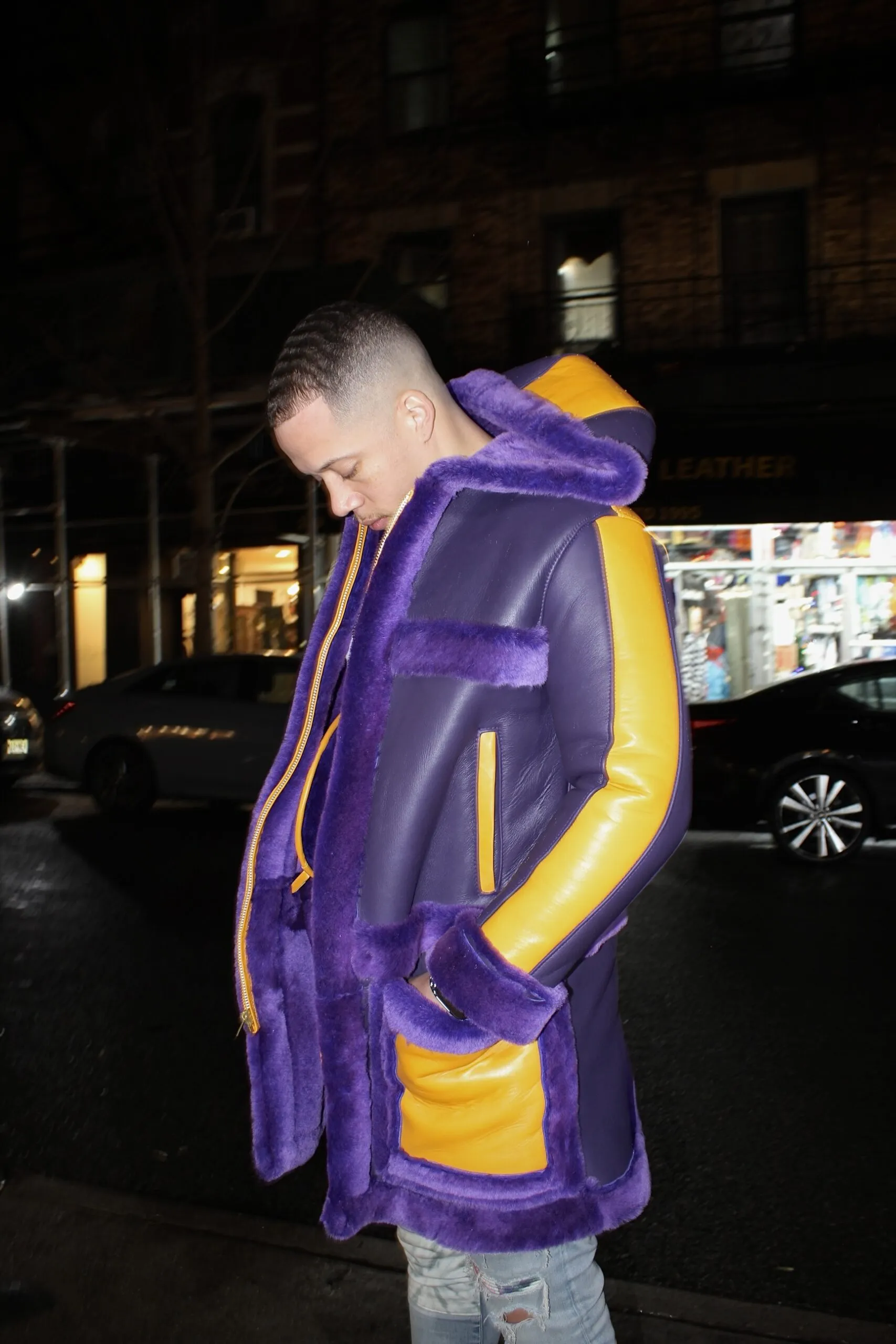 Purple and Yellow Shearling with Hood - Daniel's Leather