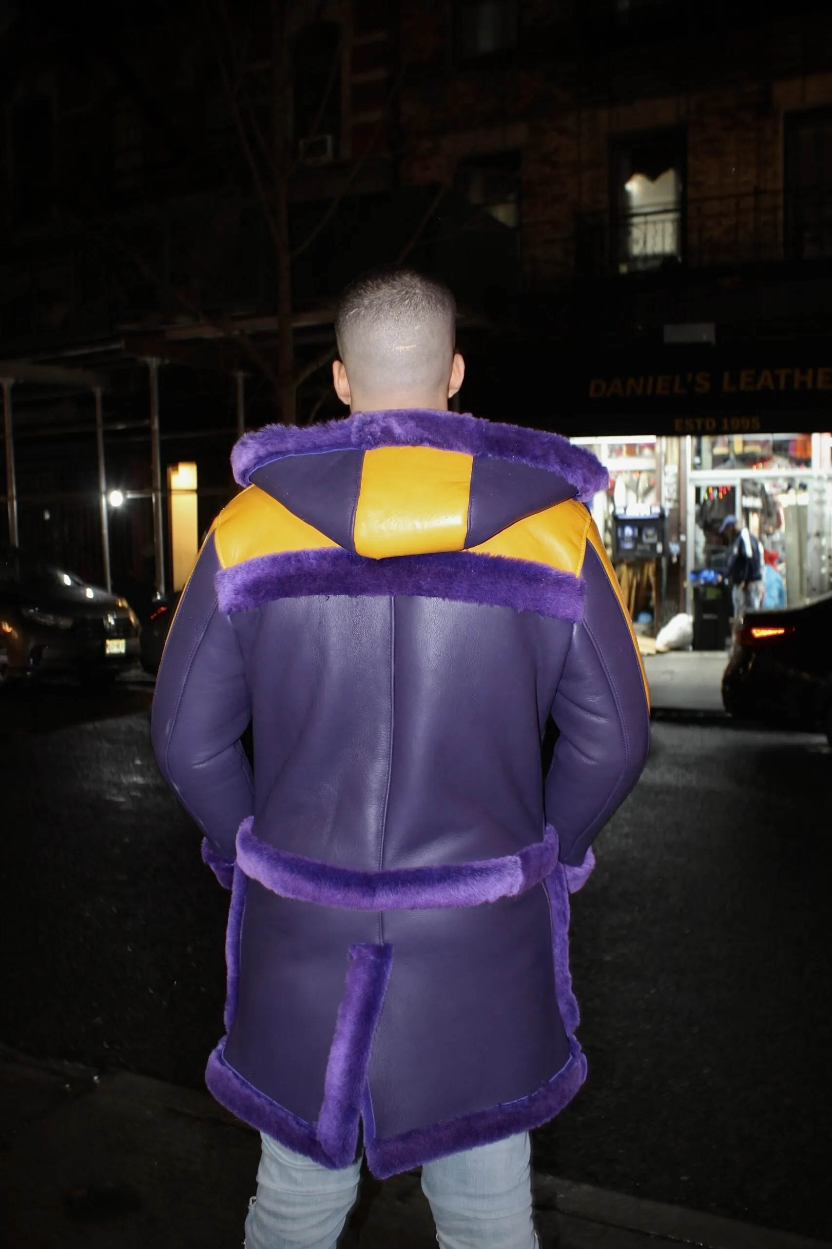 Purple and Yellow Shearling with Hood - Daniel's Leather