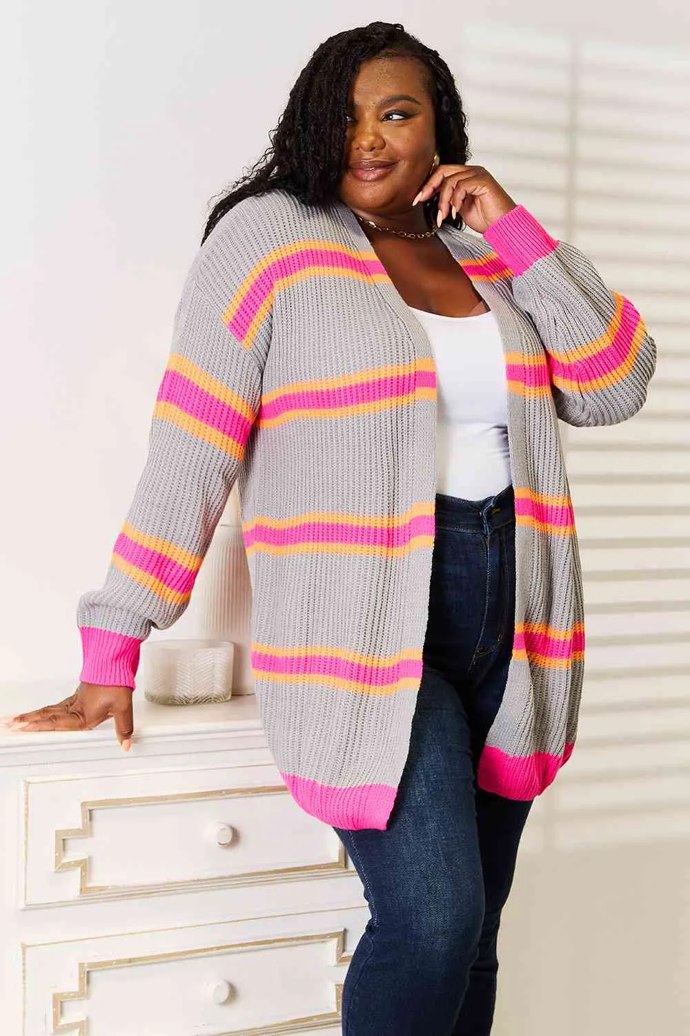 Ribbed Long Sleeve Cardigan in Charcoal