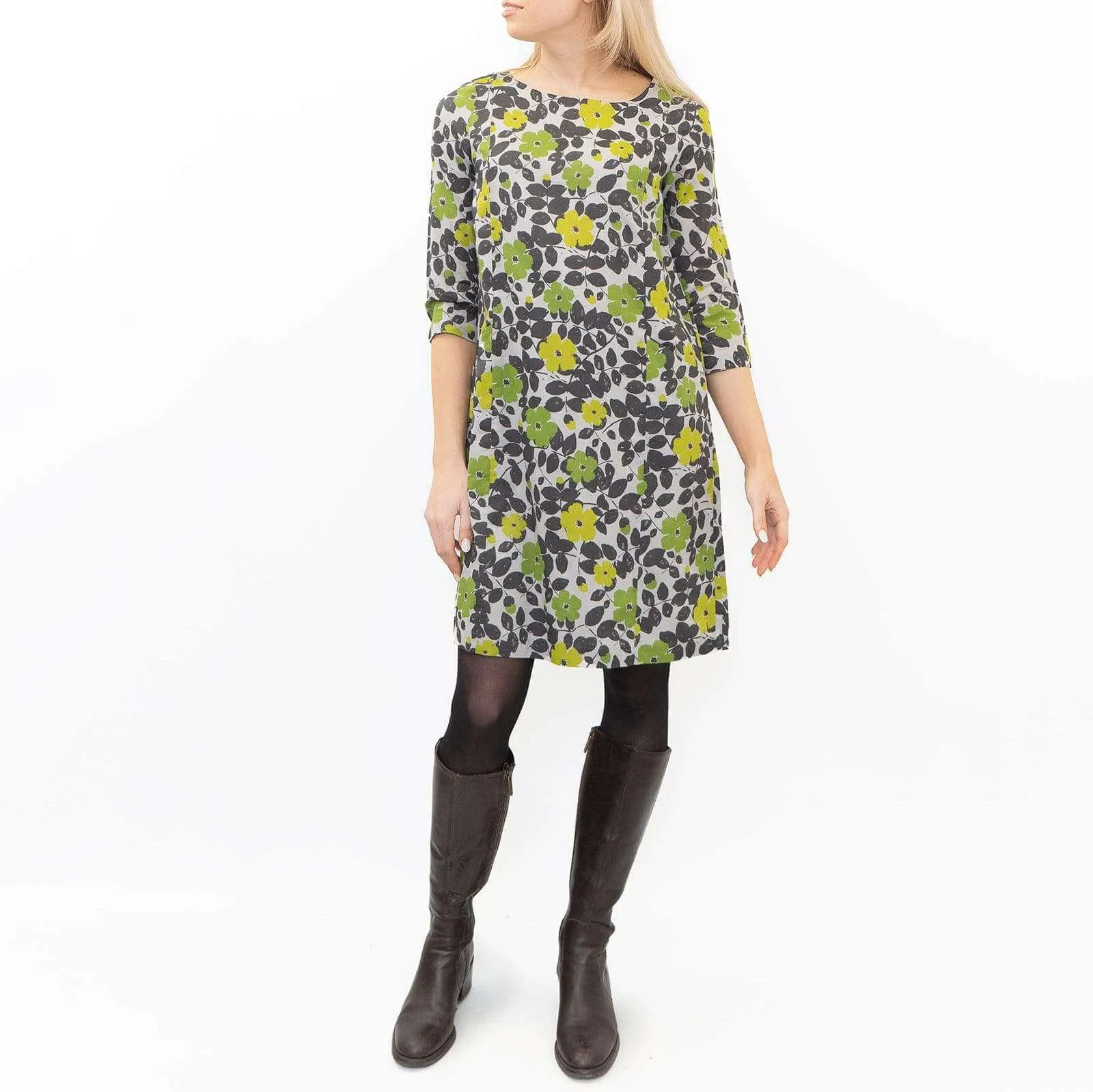 Seasalt Carwinnion Green Floral Print Lightweight 3/4 Sleeve Short Dress