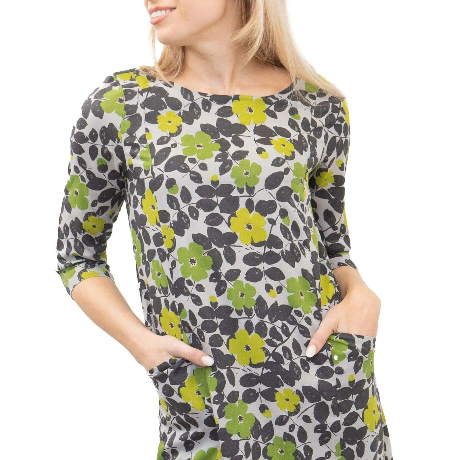 Seasalt Carwinnion Green Floral Print Lightweight 3/4 Sleeve Short Dress