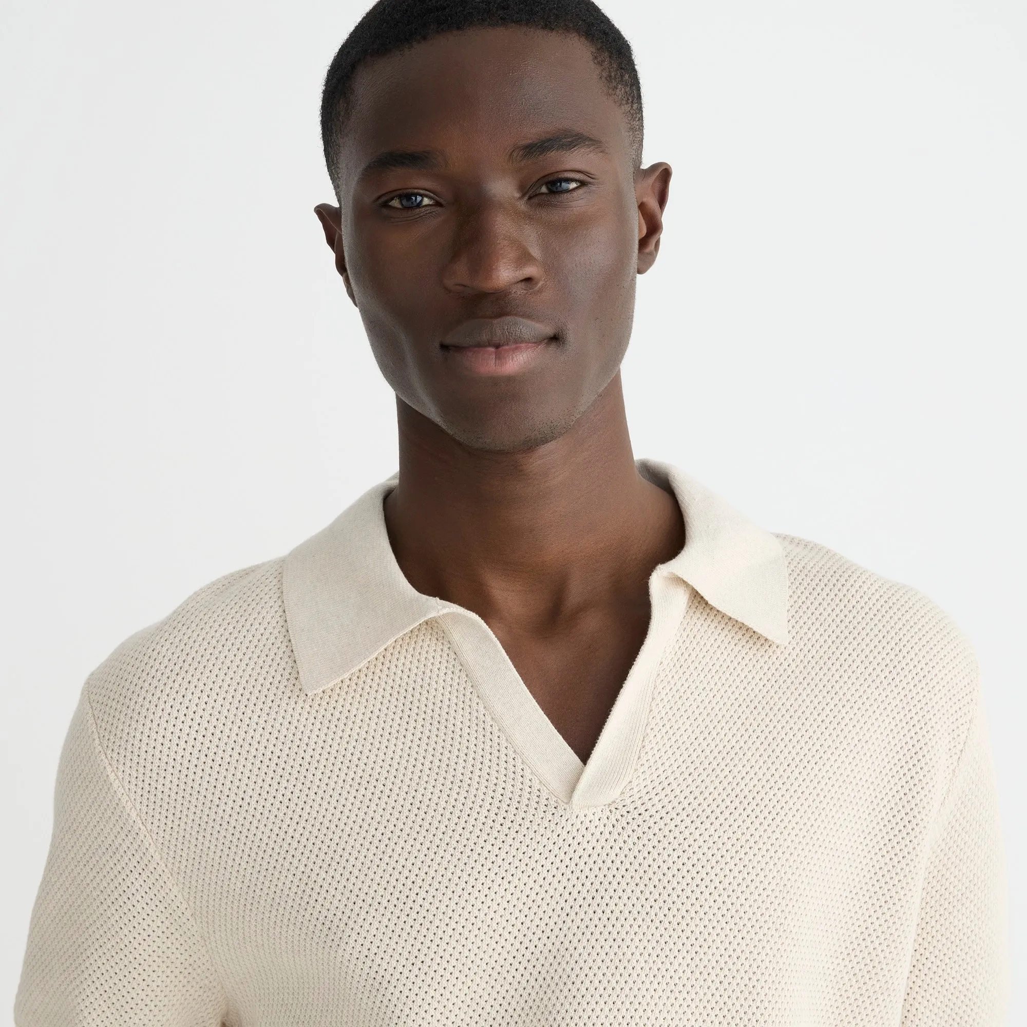 Short-sleeve cotton mesh-stitch johnny-collar sweater-polo