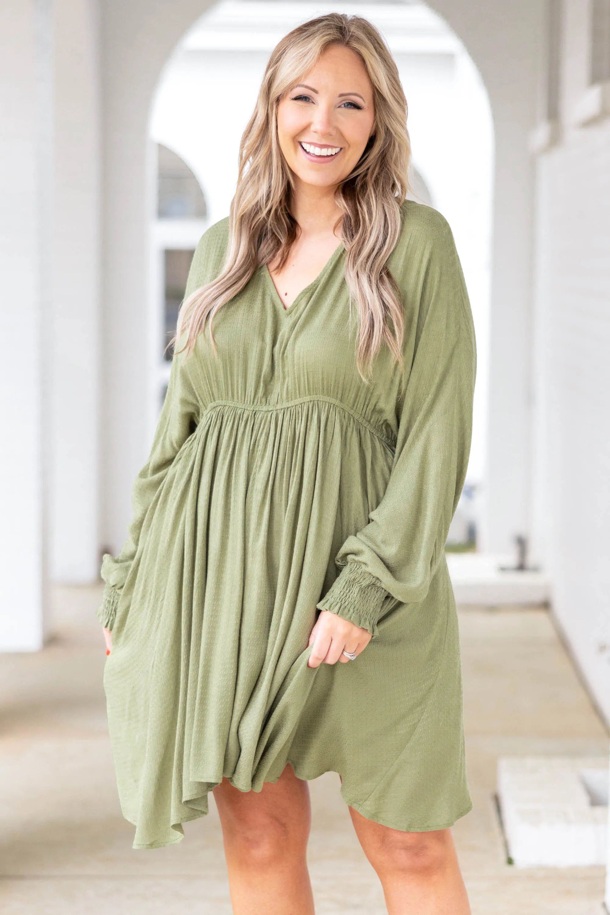 Smocked And Loaded Dress, Olive