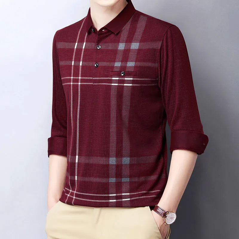 Summer Breathable Contrast Color Plaid Long Sleeve Polo Shirt for Men