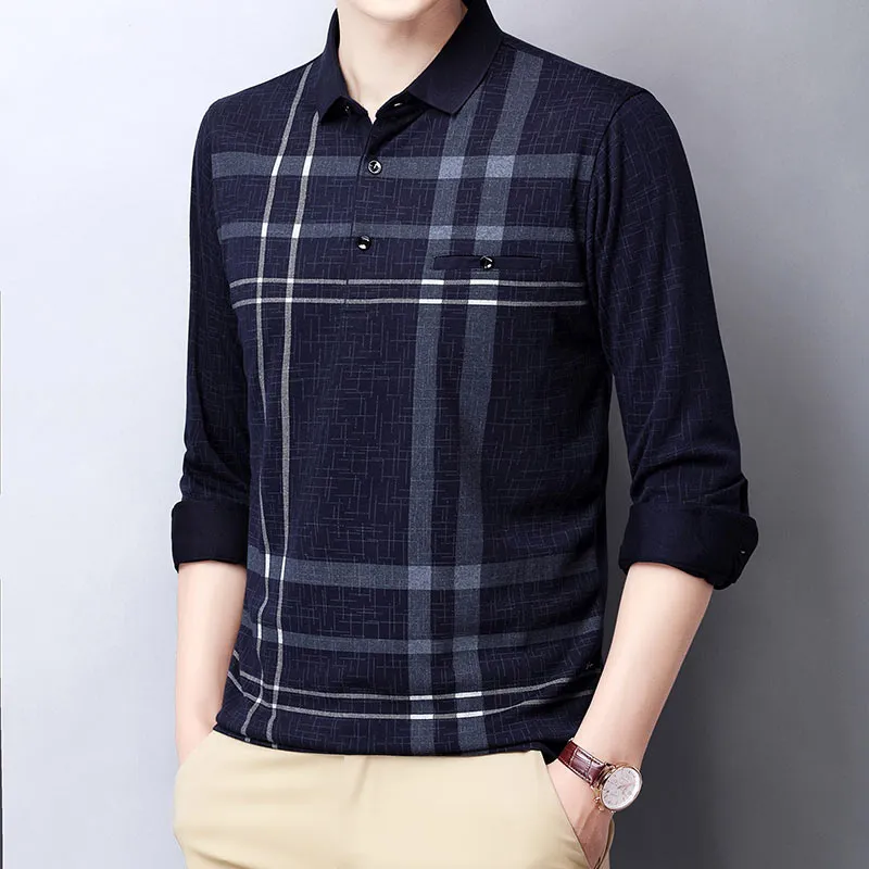 Summer Breathable Contrast Color Plaid Long Sleeve Polo Shirt for Men