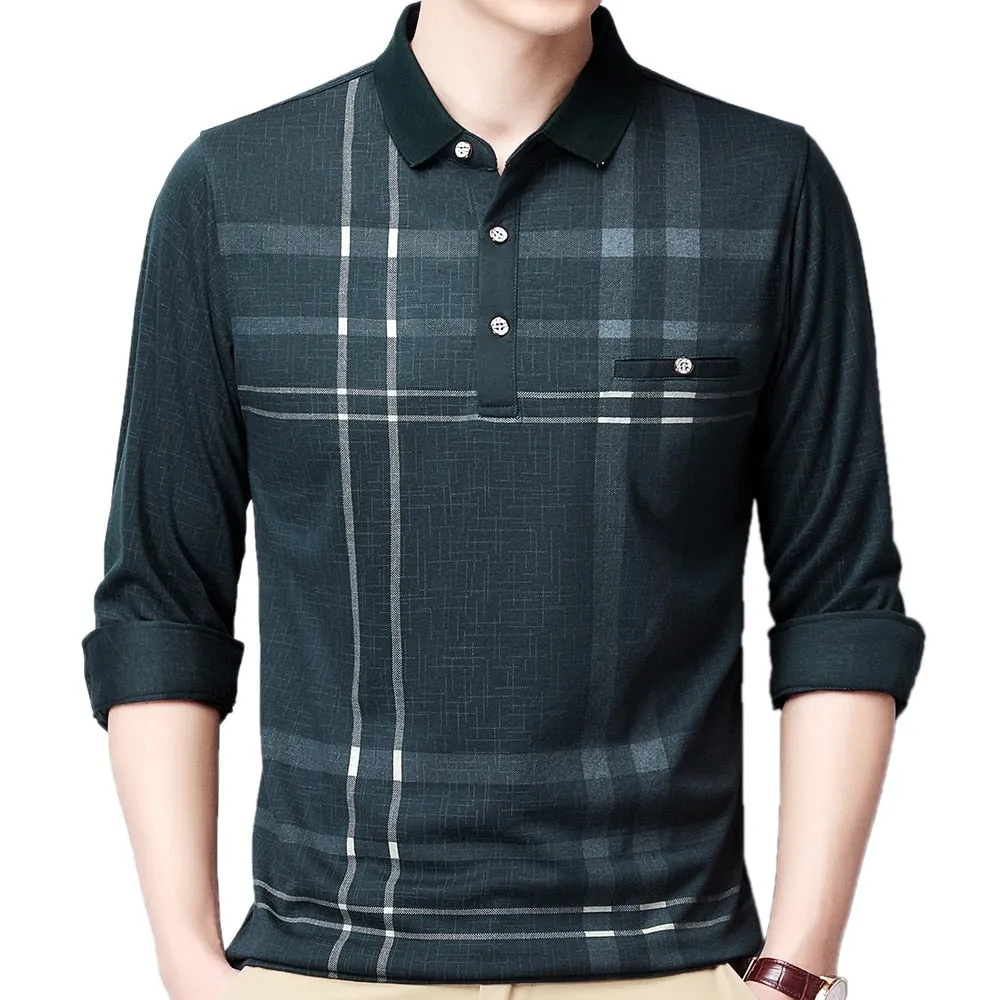 Summer Breathable Contrast Color Plaid Long Sleeve Polo Shirt for Men