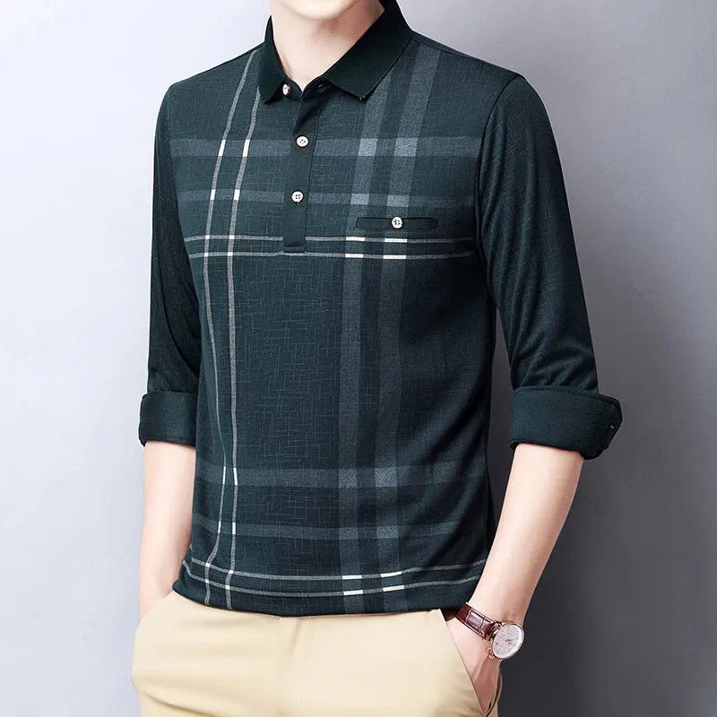 Summer Breathable Contrast Color Plaid Long Sleeve Polo Shirt for Men