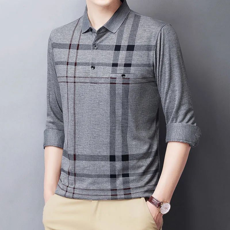 Summer Breathable Contrast Color Plaid Long Sleeve Polo Shirt for Men