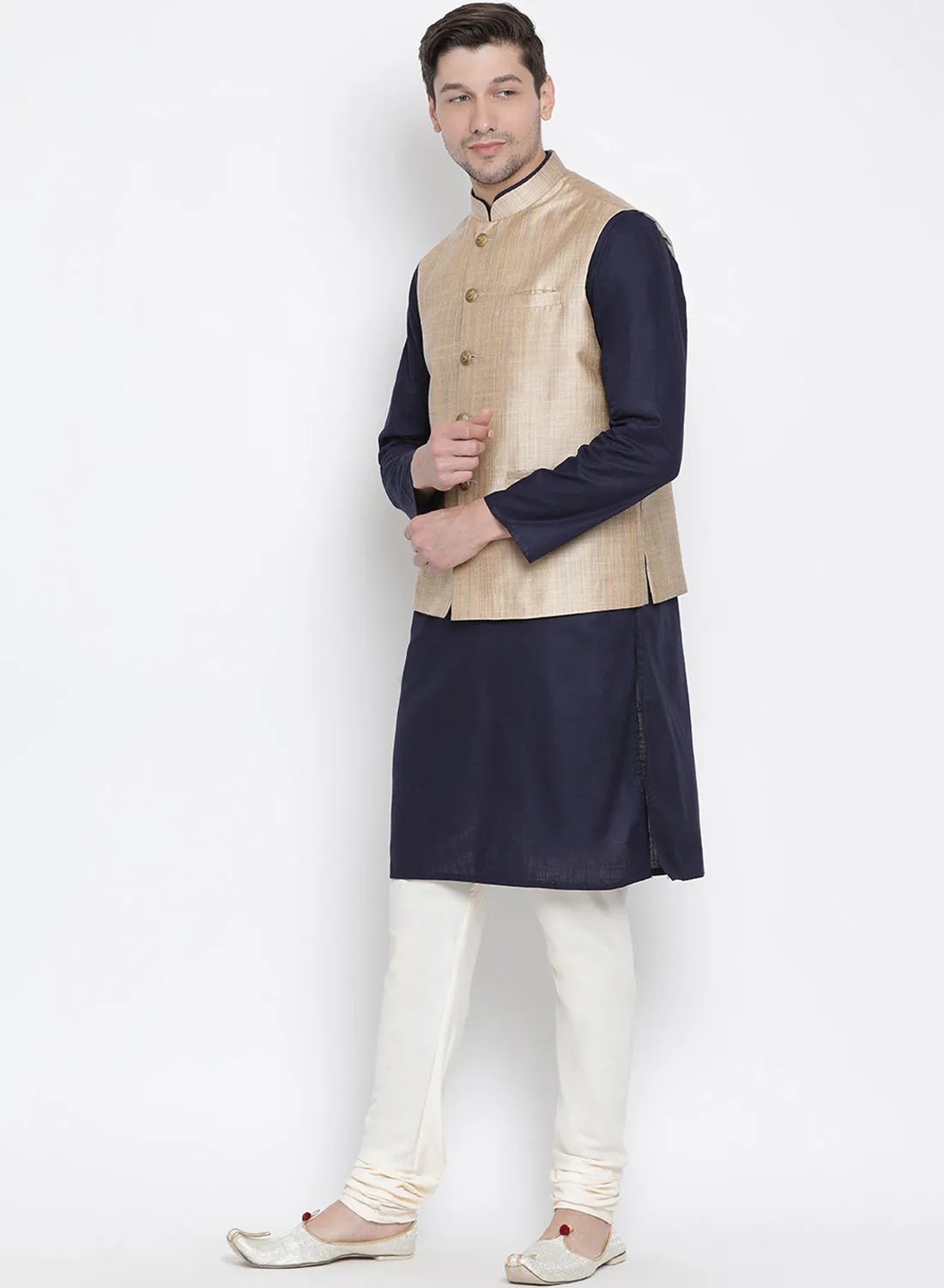 VASTRAMAY Men's Dark Blue Cotton Blend Kurta, Ethnic Jacket and Pyjama Set