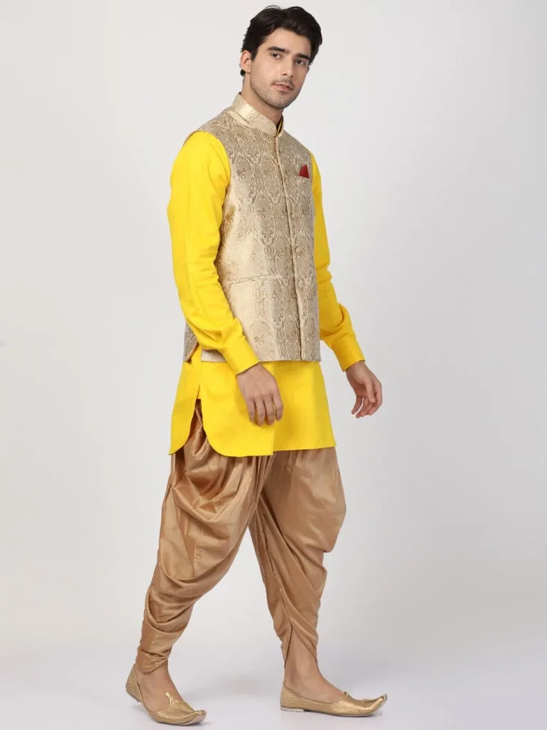 VASTRAMAY Men's Yellow Cotton Silk Blend Ethnic Jacket, Kurta and Dhoti Pant Set