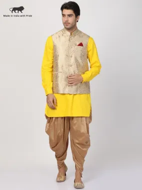 VASTRAMAY Men's Yellow Cotton Silk Blend Ethnic Jacket, Kurta and Dhoti Pant Set