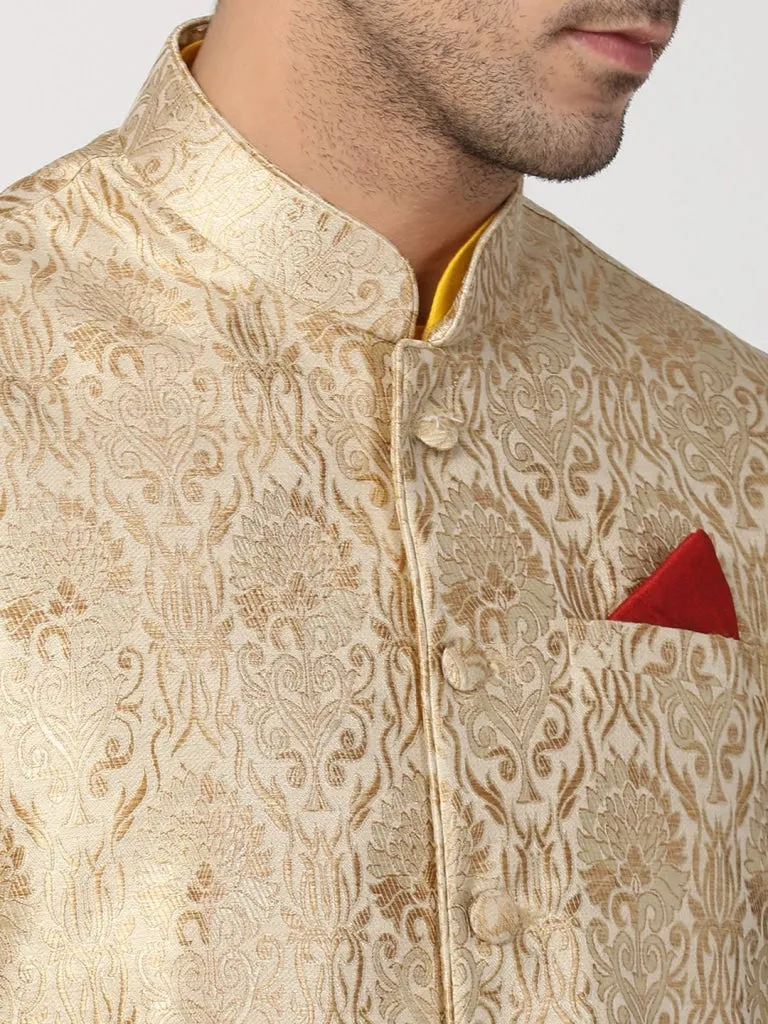 VASTRAMAY Men's Yellow Cotton Silk Blend Ethnic Jacket, Kurta and Dhoti Pant Set