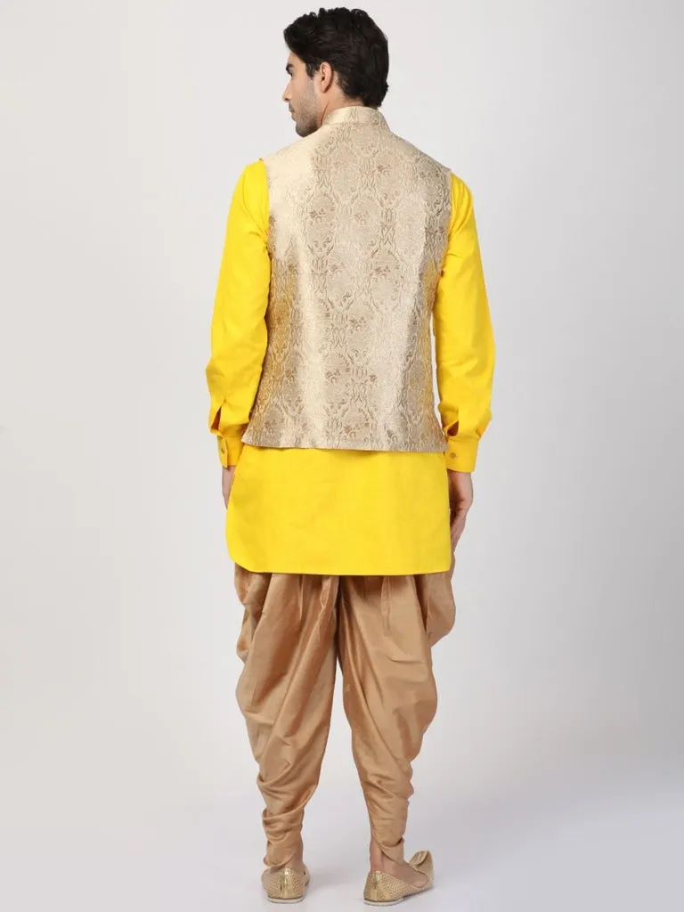 VASTRAMAY Men's Yellow Cotton Silk Blend Ethnic Jacket, Kurta and Dhoti Pant Set