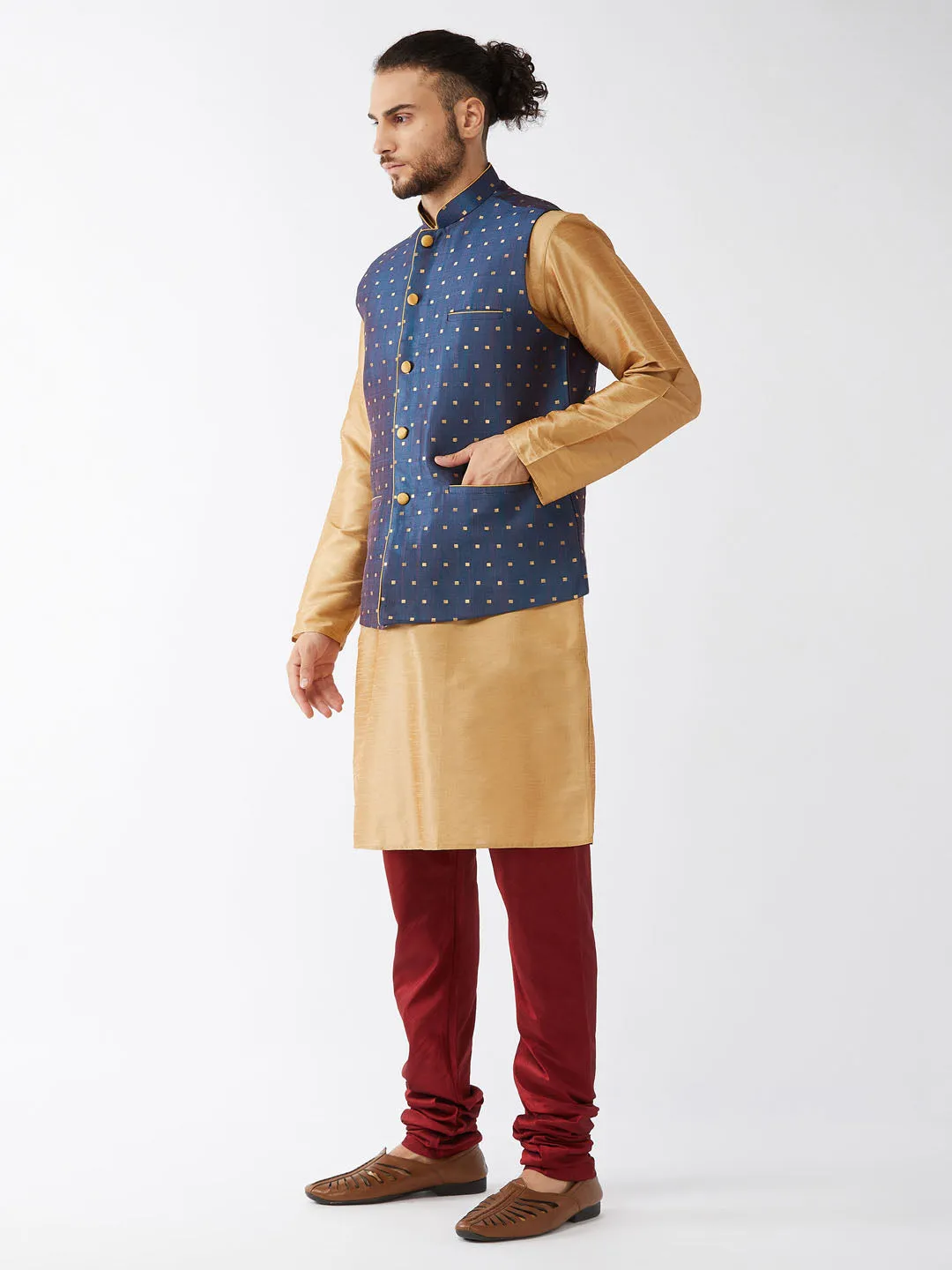 VM By VASTRAMAY Men's Blue Zari Weaved Jacket With Kurta Pyjama Set