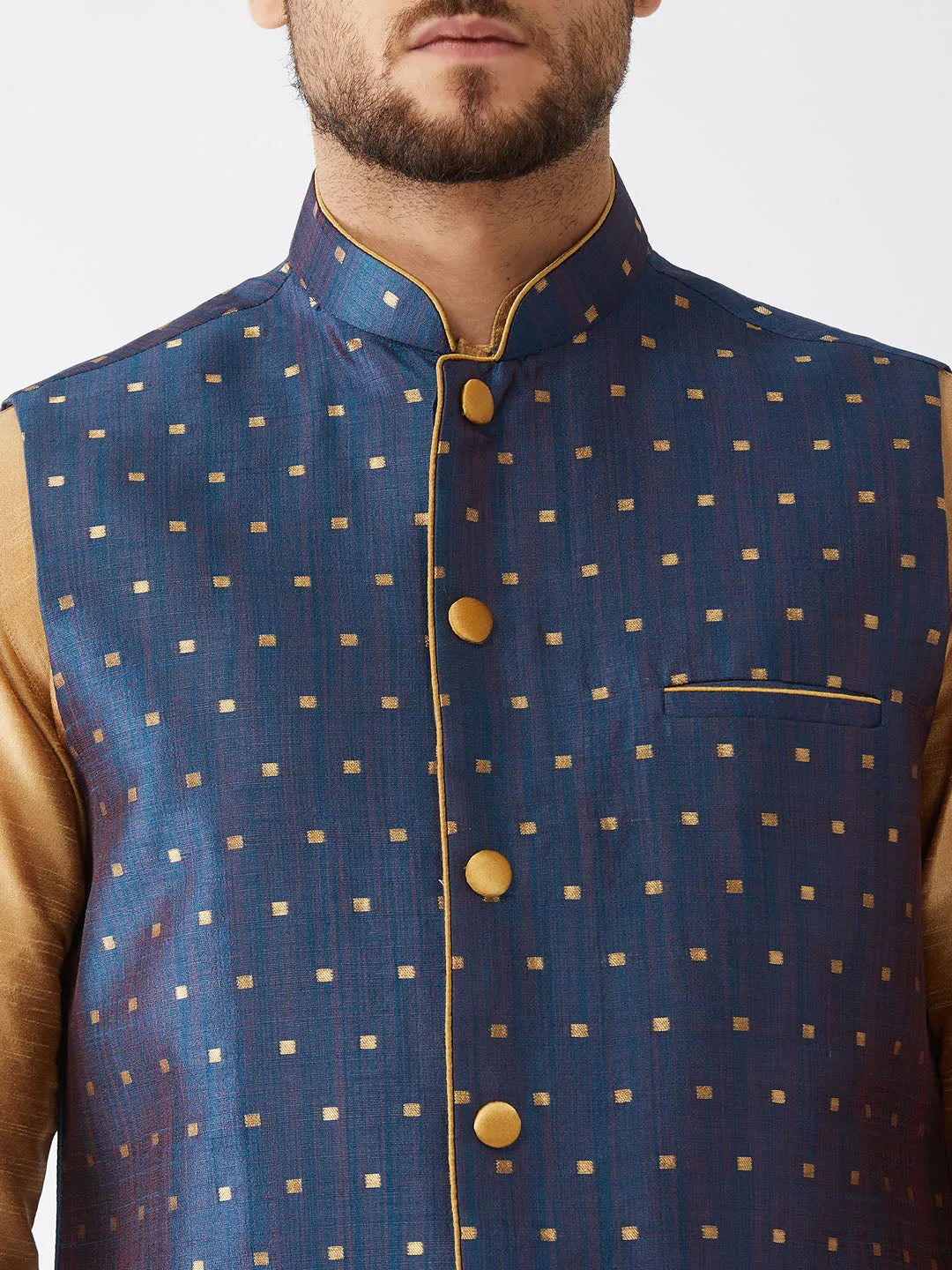 VM By VASTRAMAY Men's Blue Zari Weaved Jacket With Kurta Pyjama Set