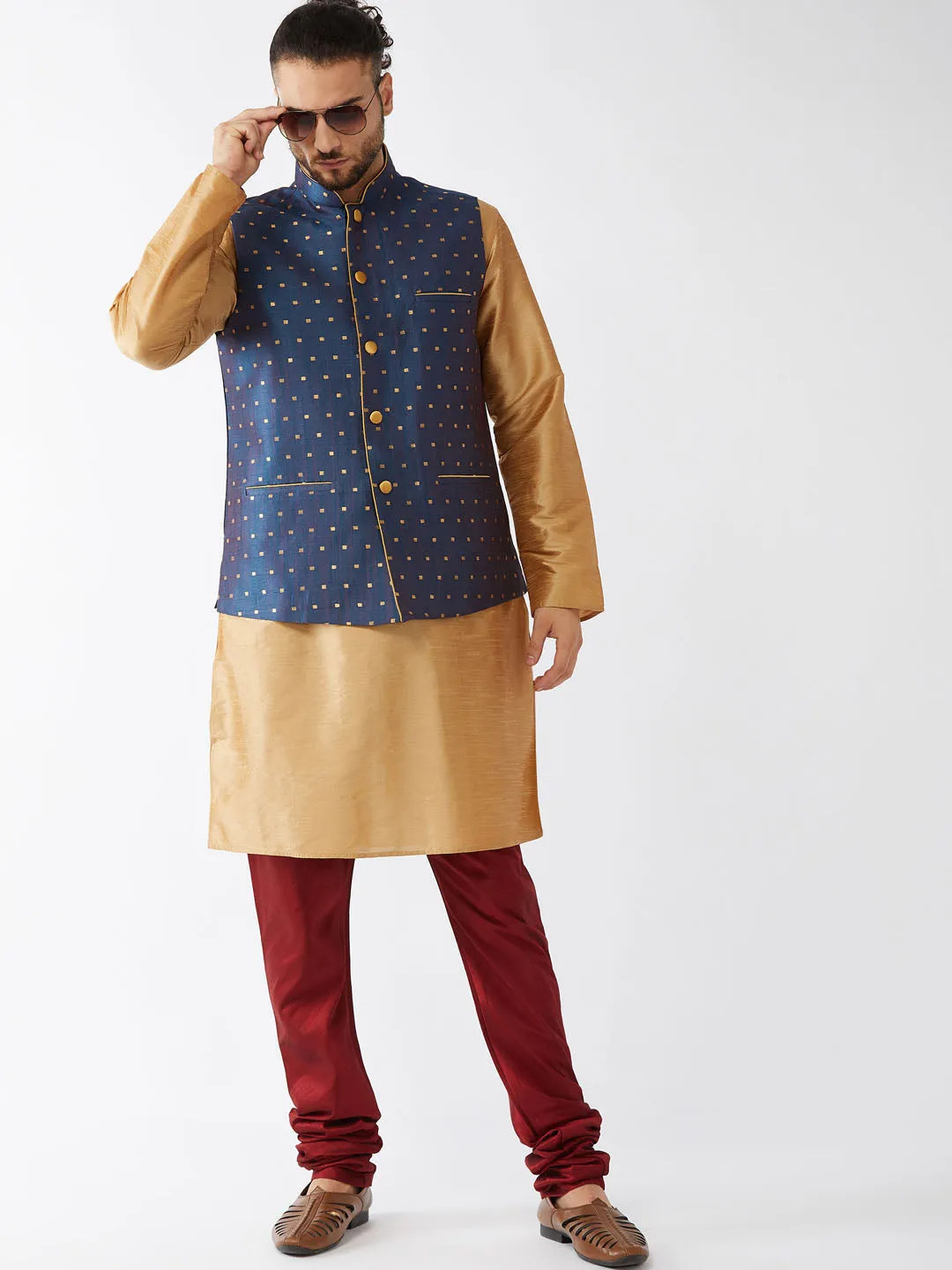 VM By VASTRAMAY Men's Blue Zari Weaved Jacket With Kurta Pyjama Set