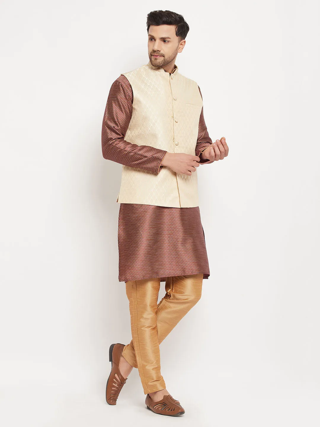 VM BY VASTRAMAY Men's Cream Silk Blend Jacket with Kurta Pant Set