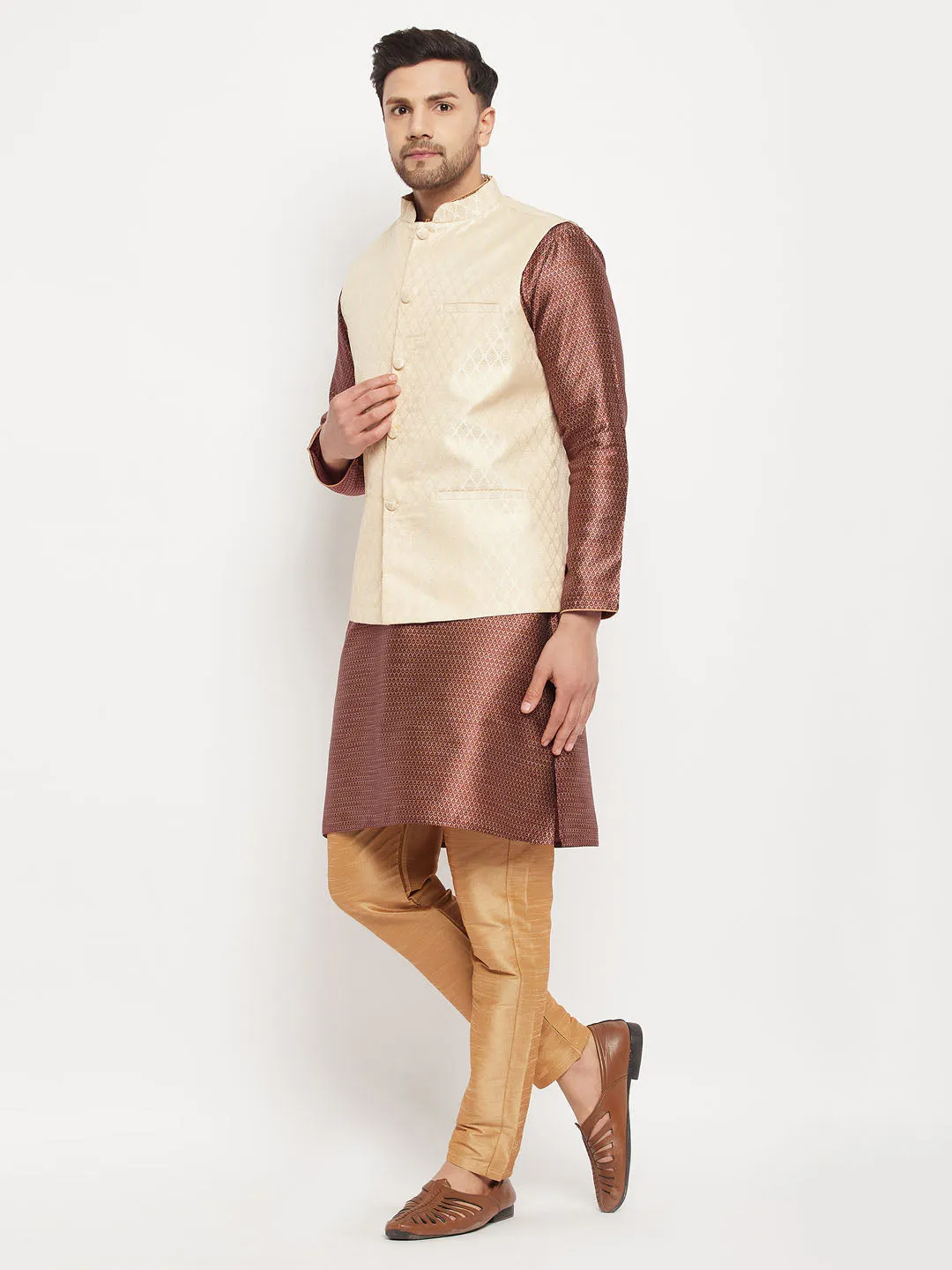 VM BY VASTRAMAY Men's Cream Silk Blend Jacket with Kurta Pant Set