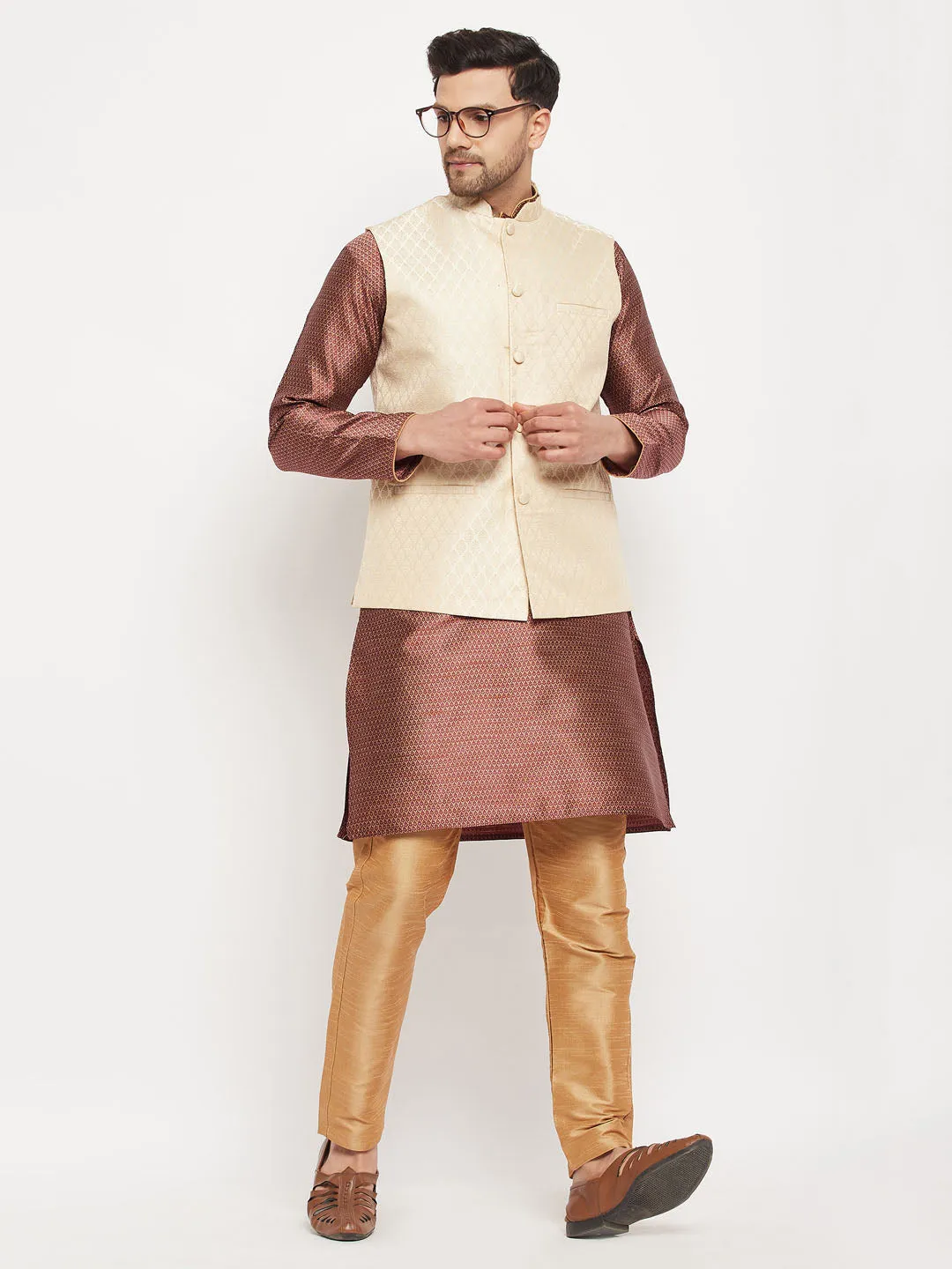 VM BY VASTRAMAY Men's Cream Silk Blend Jacket with Kurta Pant Set