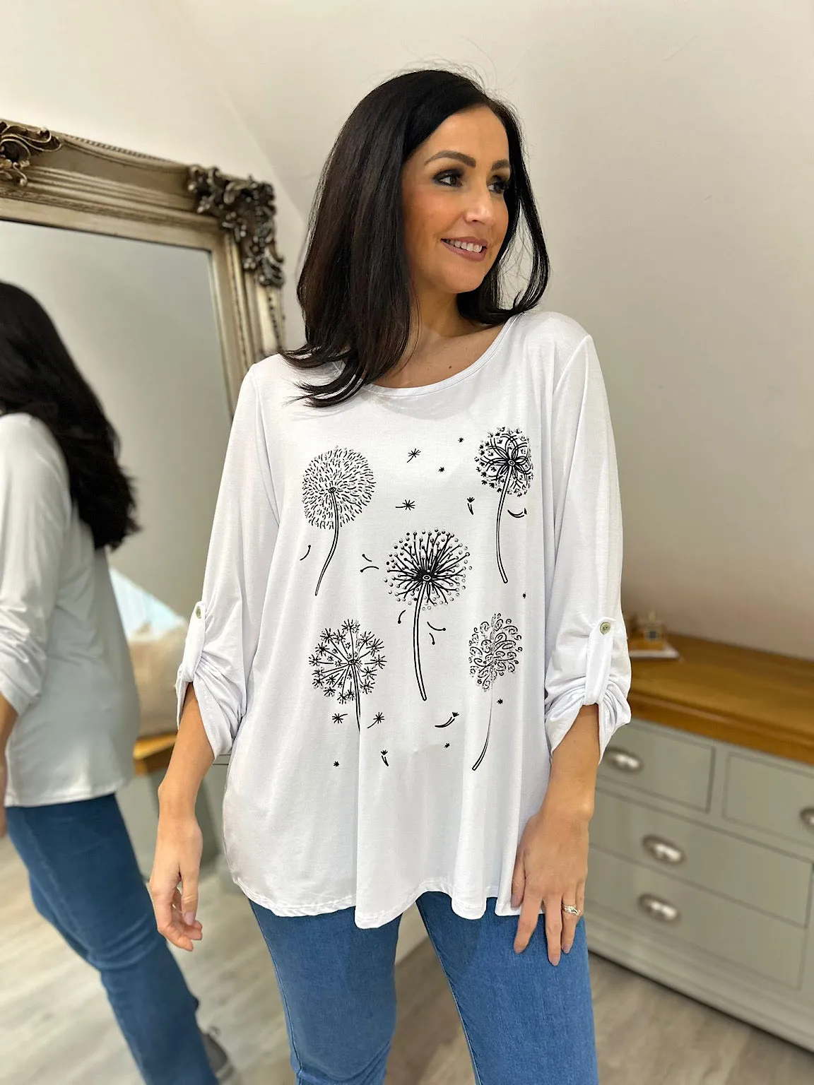 White Diamante Dandelion Pattern Top Tanya