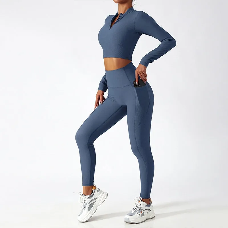 Women's Breathable Long Sleeves Zipper High Strength Workout Yoga Outfit