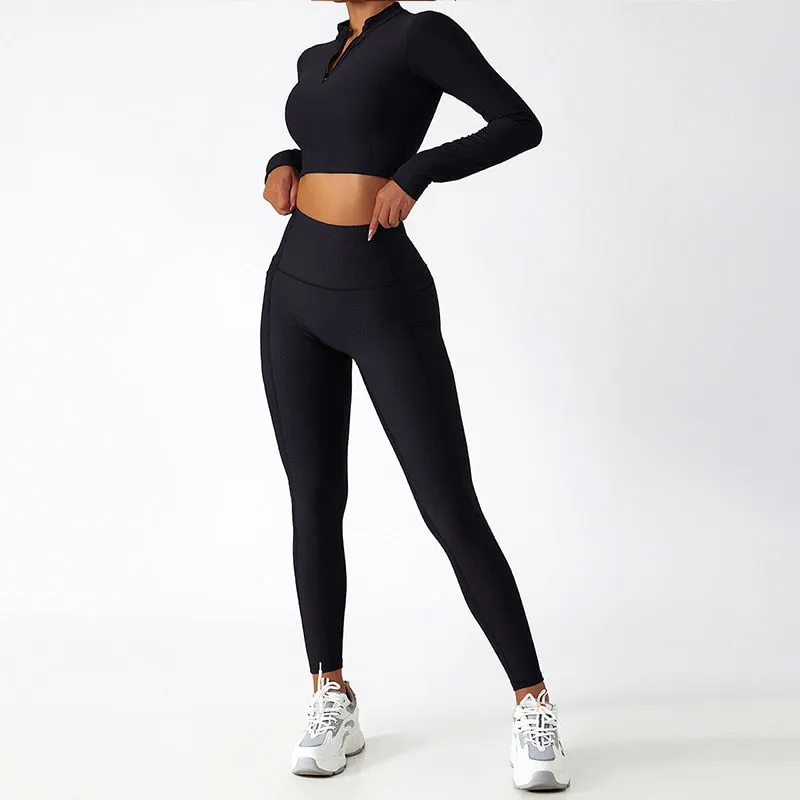 Women's Breathable Long Sleeves Zipper High Strength Workout Yoga Outfit