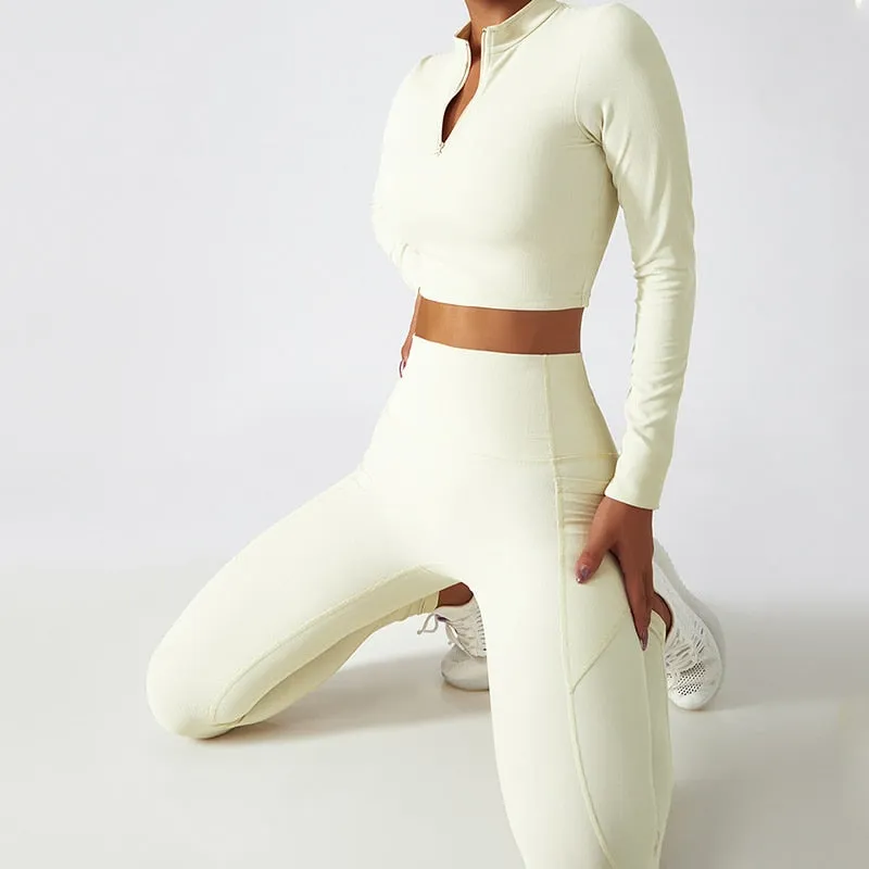 Women's Breathable Long Sleeves Zipper High Strength Workout Yoga Outfit