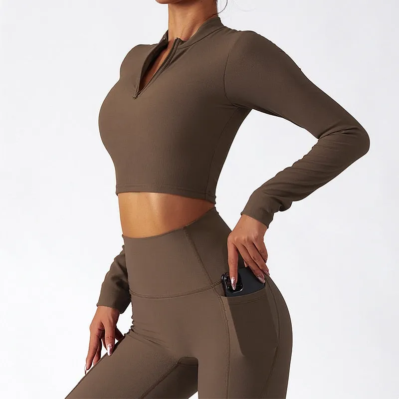 Women's Breathable Long Sleeves Zipper High Strength Workout Yoga Outfit