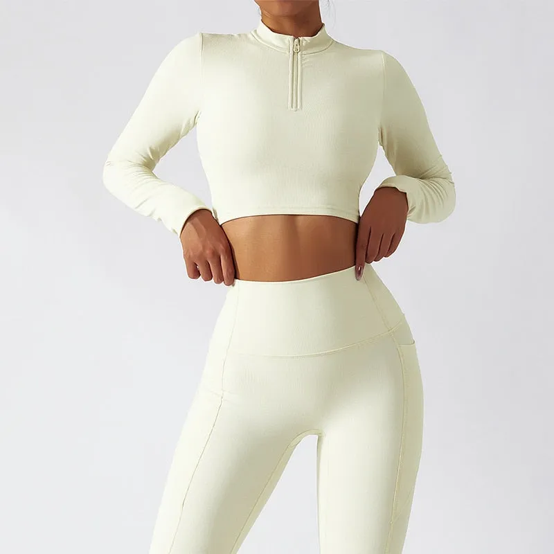 Women's Breathable Long Sleeves Zipper High Strength Workout Yoga Outfit