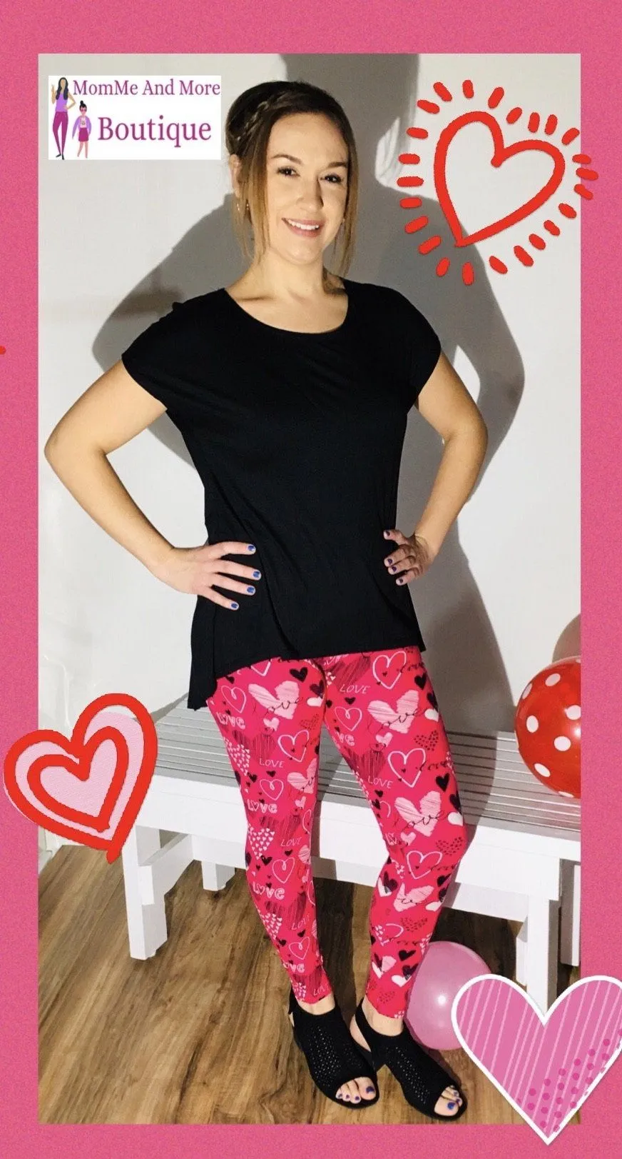 Womens Heart Leggings Soft Yoga Pants Pink/Black Sizes 0-20