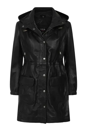 Women's  Length Black Leather Duffle Coat - 'BECKY'