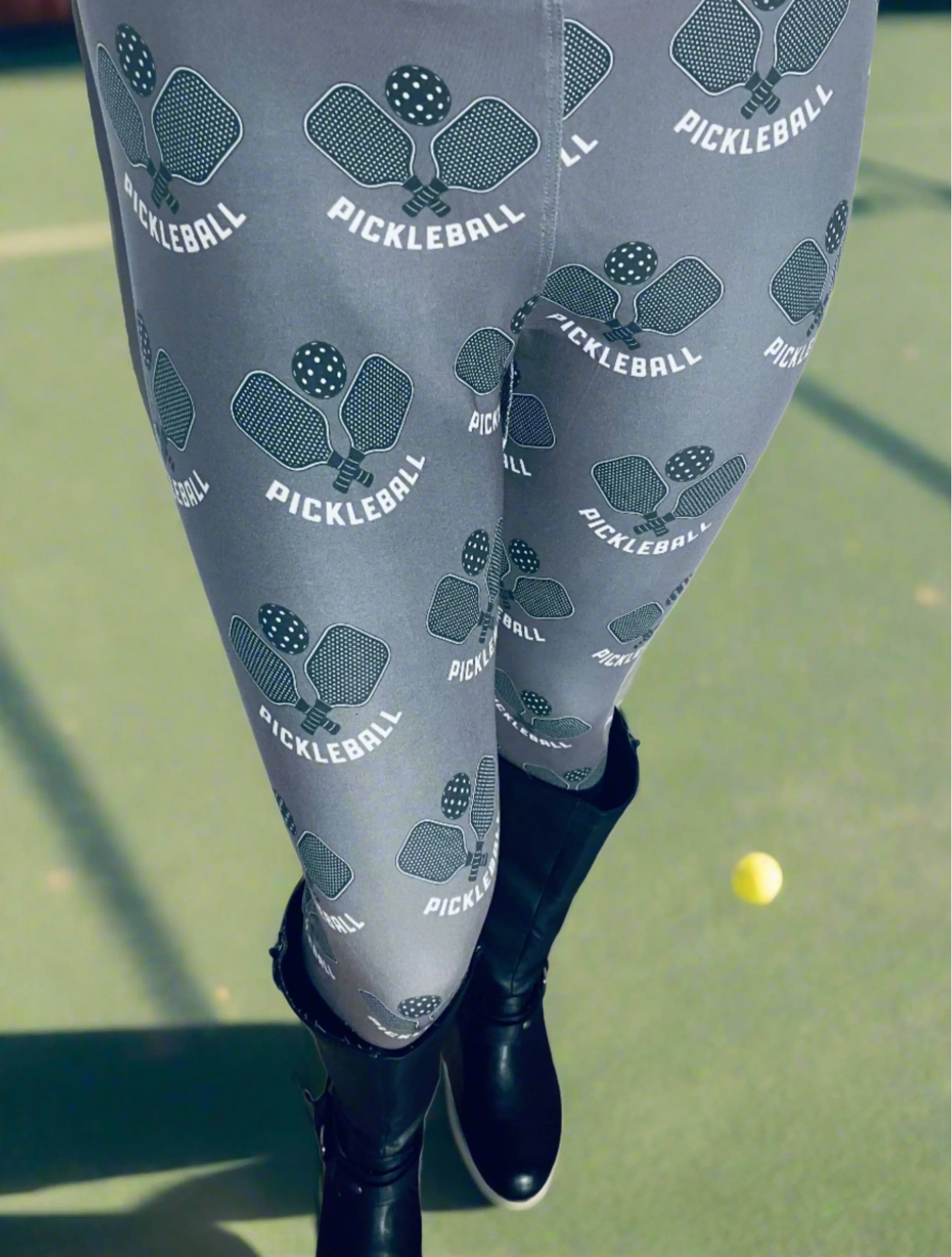 Womens Pickleball Leggings, Soft Yoga Pants, Sizes 0-20, Yoga Waist, Gray/Black, Exclusive Leggings