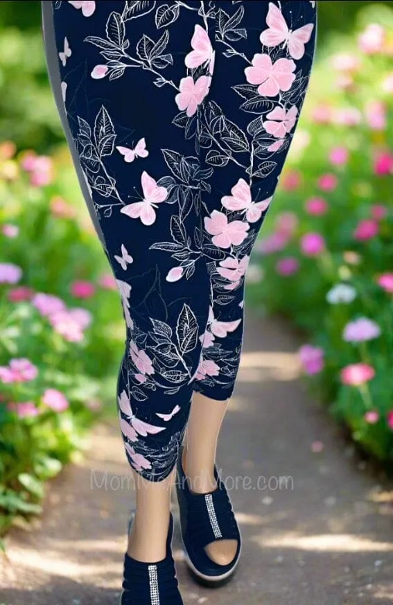 Womens Pink Butterfly Capri Leggings, Soft Yoga Pants, Sizes 0-18, Pink/Black