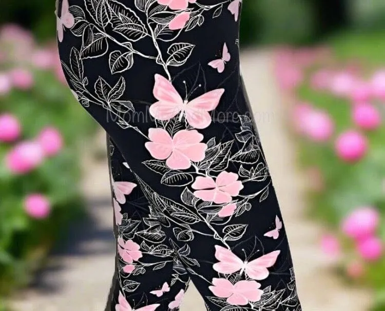 Womens Pink Butterfly Capri Leggings, Soft Yoga Pants, Sizes 0-18, Pink/Black