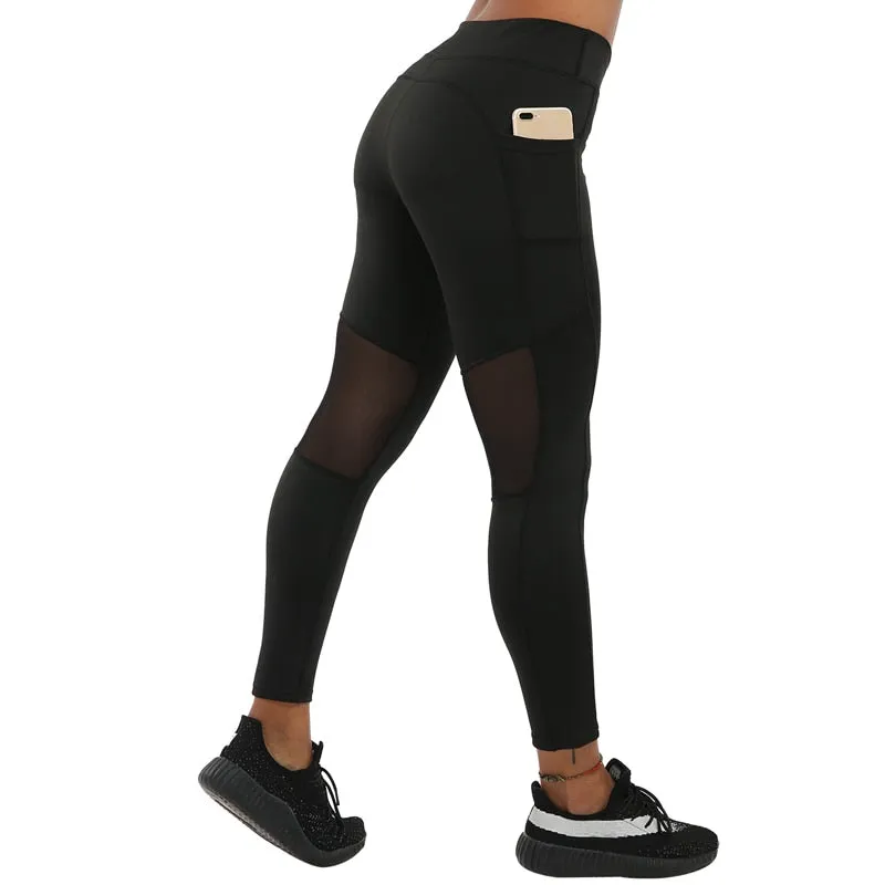 Workout Women Leggings Solid High Waist Elastic Push Up Mesh Patchwork With Pocket Polyester Fitness Leggings Female