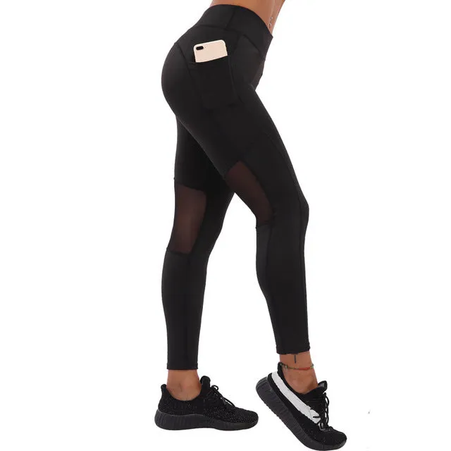 Workout Women Leggings Solid High Waist Elastic Push Up Mesh Patchwork With Pocket Polyester Fitness Leggings Female